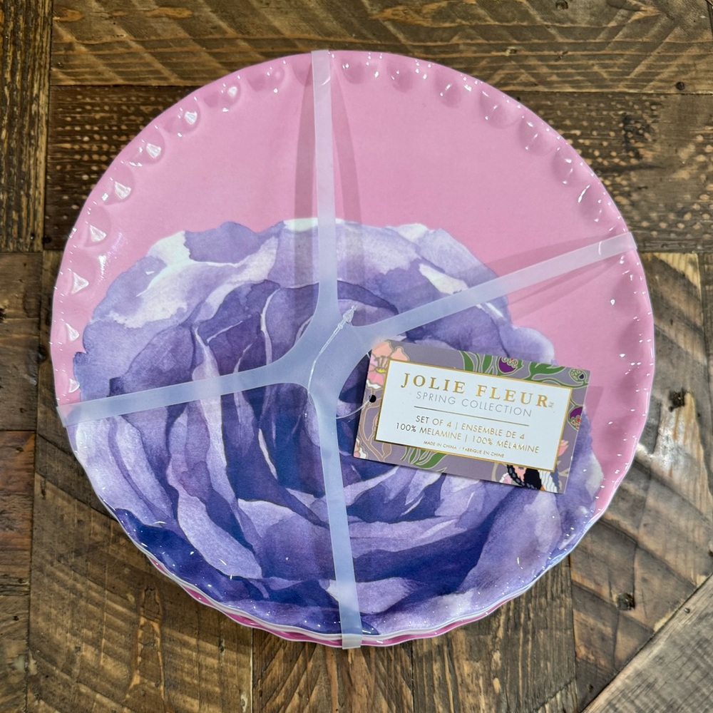Set of 4 Jolie Fleur Roses 9” Plates Melamine Pink Purple Shabby Chic